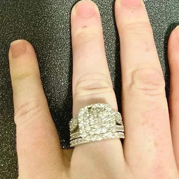 3ct. Halo Cushion Diamond Engagement Wedding Ring Set 10k White Gold (3 pcs.) - Picture 10 of 15